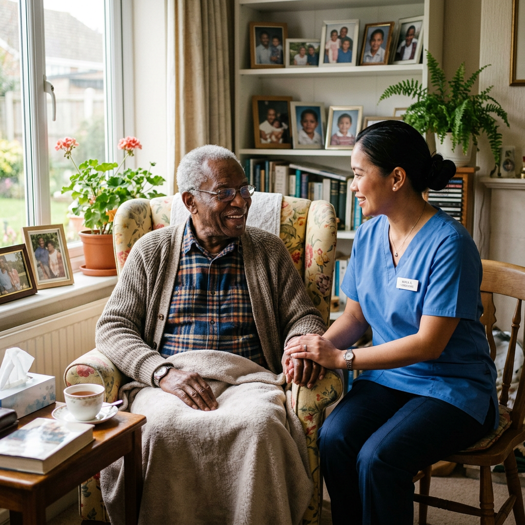 Caregiver helping senior in comfortable home setting