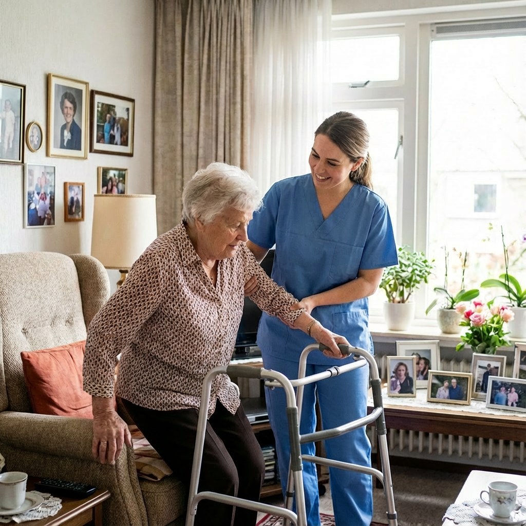 Senior and caregiver smiling together at home
